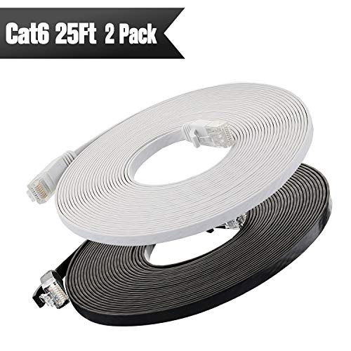 Book Cover Cat6 Ethernet Cable Flat 25ft (Black and White) (at a Cat5e Price but Higher Bandwidth) Internet Network Cable - Cat 6 Ethernet Patch Cable Short - Computer Cable with Snagless RJ45 Connectors