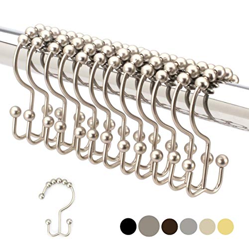 Book Cover 2lbDepot Double Shower Curtain Hooks Rings (Brushed Nickel, Satin Decorative Finish) Premium Rust Resistant Stainless Steel Metal Hook, Roller Balls Glide on Shower Rods, Set of 12