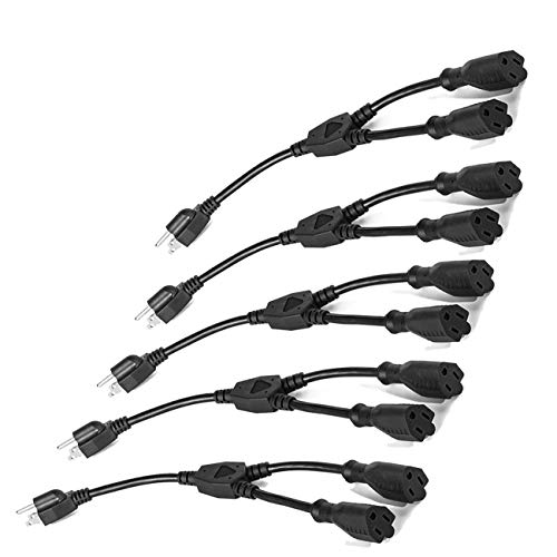 Book Cover ClearMax Y Splitter Power Cable Extension Cord 3 Prong, Power Cord Splitter 16 AWG, Cable Strip Outlet Extender Saver UL Approved, 1 Foot, 5 Pack Black