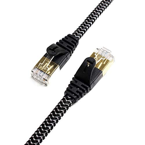 Book Cover Tera Grand - CAT7 10 Gigabit Ethernet Ultra Flat Patch Cable for Modem Router LAN Network - Built with Gold Plated & Shielded RJ45 Connectors and Nylon Braided Jacket, 12 Feet Black & White