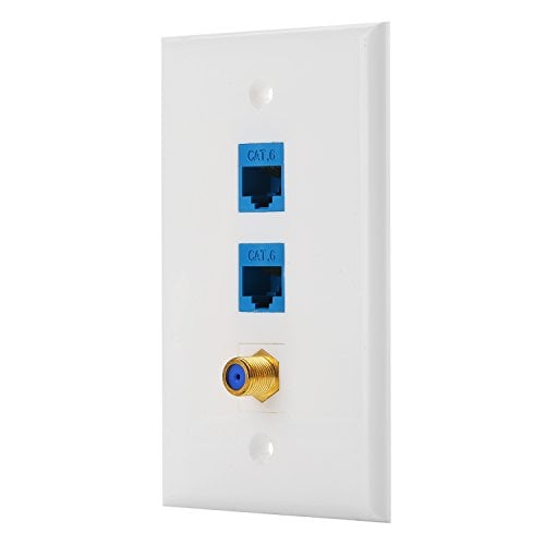 Book Cover IBL-3 Port Wall Plate with Gold-Plated Coaxial TV Cable F Type + 2 Port Cat6 Ethernet Female to Female Jack in White