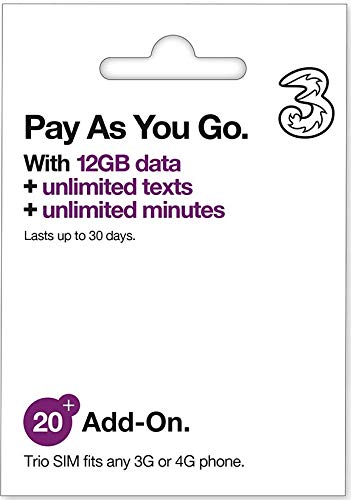 Book Cover PrePaid Europe (UK THREE) sim card 12GB data+3000 minutes+3000 texts for 30 days with FREE ROAMING / USE in 71 destinations including all European countries