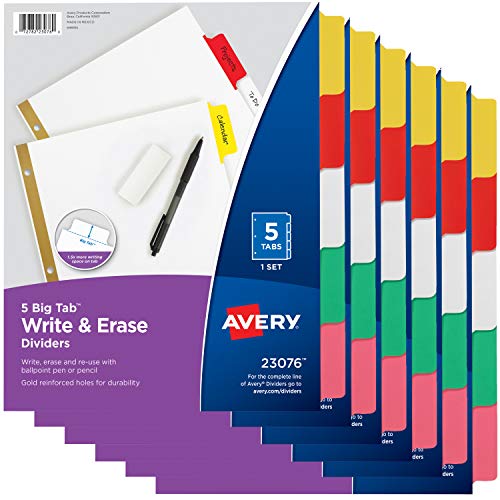 Book Cover AVERY 5-Tab Binder Dividers, Write & Erase Multicolor Big Tabs, 6 Sets (23076)