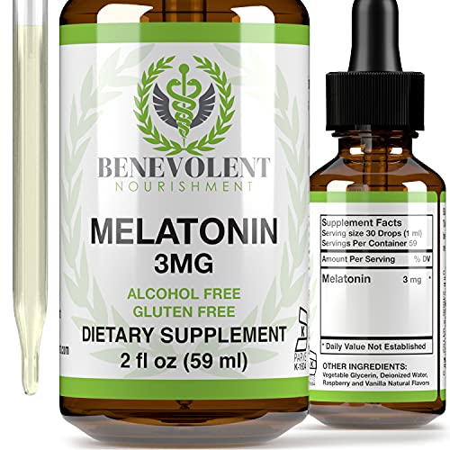 Book Cover Benevolent Natural Melatonin Liquid 3mg - Nighttime Sleeping Aid for Adults Extra Strength, Raspberry and Vanilla Flavour, Effective Sleep Aid Sublingual Drops, Faster Absorption, Vegetarian, Non-GMO