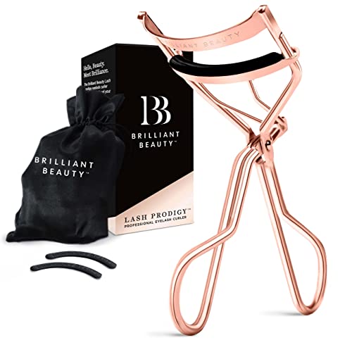 Book Cover Brilliant Beauty Eyelash Curler with Satin Bag & Refill Pads - Award Winning - No Pinching, Just Dramatically Curled Eyelashes for a Lash Lift in Seconds (Rose Gold)