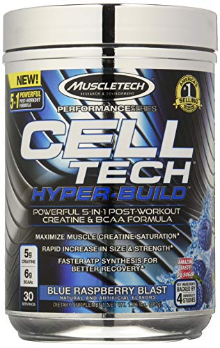 Book Cover MuscleTech Cell Tech Hyperbuild Post Workout Recovery Drink Powder with Creatine and BCAA Aminos, Blue Raspberry Blast, 30 Servings (482g)