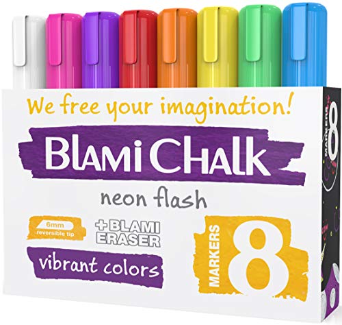 Book Cover Blami Arts Chalk Markers Reversible Tip for Non-Porous Chalkboard and Bistro Glass Windows - 8 Pack Erasable Neon Bright Non-Toxic Liquid Ink Pens with Bright Vivid Paint - Eraser Sponge included