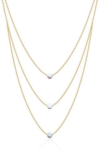 Book Cover Opal Layered Gold Necklaces For Women | 14k Gold Dipped Ball Chain, 3 Tiered White Fire Opal, Gold Necklace | Dainty Opal Necklaces For Women | Celebrity Approved Opal Jewelry For Women