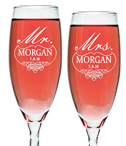 Book Cover Set of 2 Personalized Wedding Champagne Flutes- Mr and Mrs Design - Engraved Flutes for Bride and Groom Gift for Customized Wedding Gift by OTR-Custom