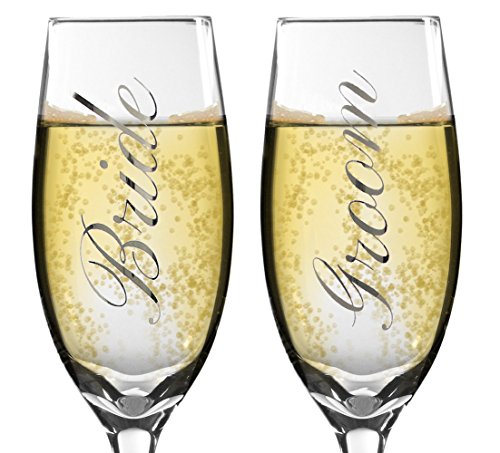 Book Cover Bride and Groom Champagne Glasses - Set of 2 Elegant Toasting Flutes - Silver Wedding Champagne Glass Set - Wedding Gift - Wedding Glasses by Banberry Designs