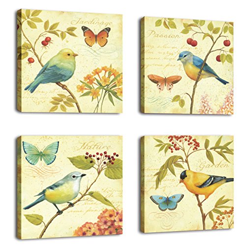 Book Cover Natural art - Bird and flower Painting 4 pcs Wall Art Lanscape Painting Print on Canvas Wall Decoration Wrapped with Wooden Frame Ready to Hang,