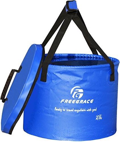 Book Cover Premium Collapsible Bucket by Freegrace - Compact Portable Folding Water Container - Lightweight & Durable - Includes Handy Tool Mesh Pocket (Navy Blue(Upgraded), 23L (Lid))