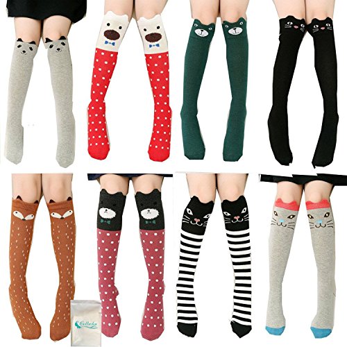 Book Cover Girls Knee High Socks, Gellwhu 6/8 Pairs Animal Cotton Knit Over Calf Socks for Kids Teens