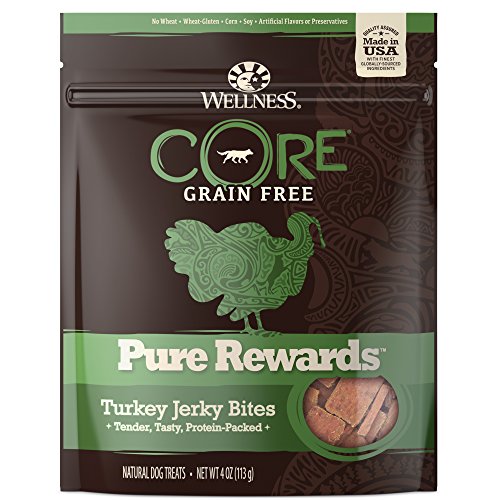 Book Cover Wellness Core Pure Rewards Natural Grain Free Dog Treats, Soft Turkey Jerky Bites, 4-Ounce Bag