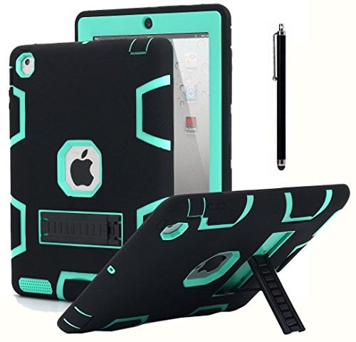 Book Cover iPad 2 Case,iPad 3 Case,iPad 4 Case, AICase Kickstand Shockproof Heavy Duty Rubber High Impact Resistant Rugged Hybrid Three Layer Armor Protective Case with Stylus for iPad 2/3/4 (Black+Mint Blue)