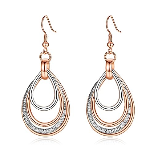 Book Cover Kemstone Two Tone Rose Gold and Silver Multilayer Dangling Earring for Woman, 2.4 Inches