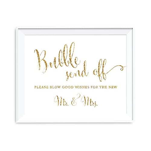 Book Cover Andaz Press Wedding Party Signs, Gold Glitter Print, 8.5x11-inch, Bubble Send Off Please Blow Good Wishes for the New Mr. & Mrs. Sign, 1-Pack, Not Real Glitter