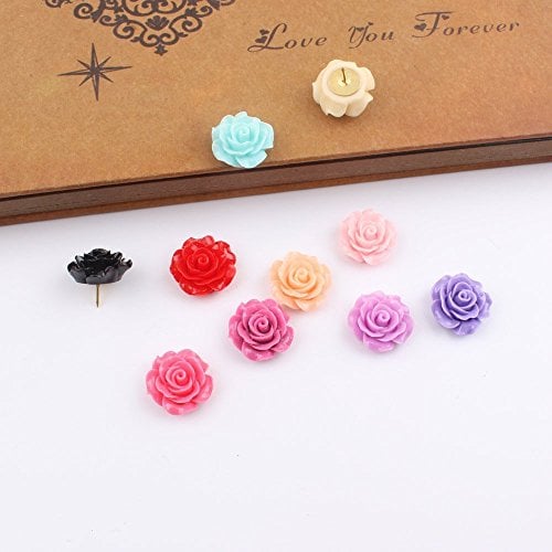 Book Cover Yalis 12 Pcs Decorative Push Pins, Assorted Color Floret Creative Thumbtacks for Home or Office Whiteboard, Corkboard, Wooden Wall Holding Photo and Paper or Decoration (Rose)