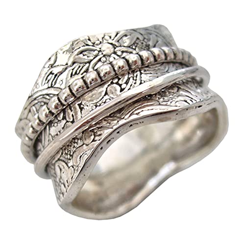 Book Cover ENERGY STONE 925 Sterling Silver Artisan Etched Floral Meditation Spinner Ring (Style US17)
