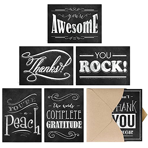 Book Cover Retro Chalkboard Thank You Note Card Assortment Pack/Set Of 36 Greeting Cards With Brown Kraft Envelopes / 6 Vintage Blackboard Chalk Designs Blank Inside / 3 1/2
