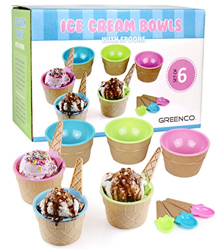 Book Cover Greenco Ice Cream Bowls and Spoons Set of 6 | Vibrant Colors Kids' Ice Cream Bowls Set | Ice Cream Sundae Bowls for Kids | Ice Cream Bowl Gift Set | Ice Cream Sundae Kit for Summer Holiday Parties