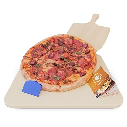 Book Cover Cast Elegance Durable Thermal Shock Resistant Thermarite Pizza Stone & Baking Stone for Oven & Grill, Includes Wooden Pizza Paddle, Recipe E-Book & Cleaning Scraper, Large,14x16 inch, 5/8th inch Thick