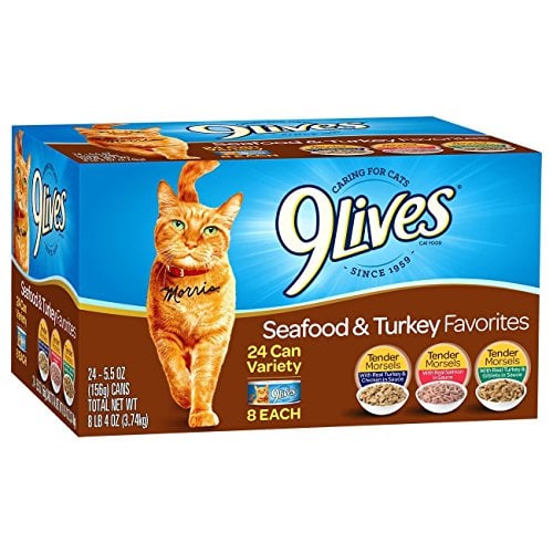 Book Cover 9 Lives Turkey & Seafood Favorites Wet Cat Food Variety (24 Pack), 5.5 Oz