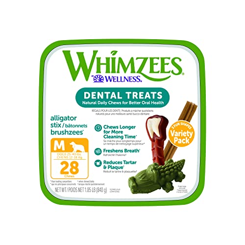 Book Cover WHIMZEES by Wellness Variety Box Natural Dental Chews for Dogs, Long Lasting Treats, Grain-Free, Freshens Breath, Medium Breed, 28 count (Package May Vary)