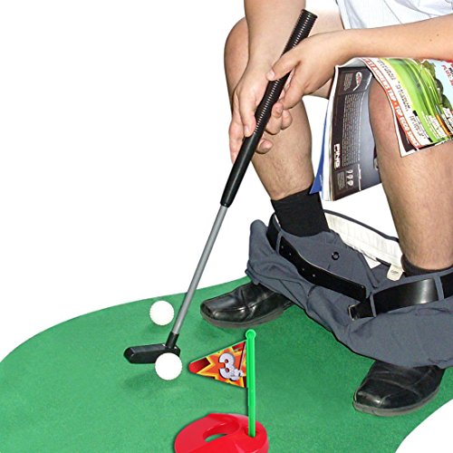 Book Cover Toilet Golf Potty Time Putter Game - Funny White Elephant Gag Gifts for Adults Men Dad - Stupid Pranks Joke Dirty Christmas Holiday Present Exchange Ideas - Mini Bathroom Putting Green Mat Toy Set