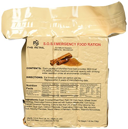 Book Cover SOS Food Labs SOScin1pk S.O.S. Rations Emergency 3600 Calorie Cinnamon Flavor Food Bar - 3 Day / 72 Hour Package with 5 Year Shelf Life- 1 Pack