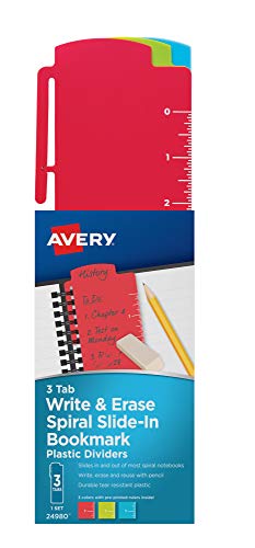 Book Cover Avery Spiral Slide-in Plastic Bookmark Dividers, 3 Tabs, 1 Set, Write & Erase, Assorted Colors (24980)