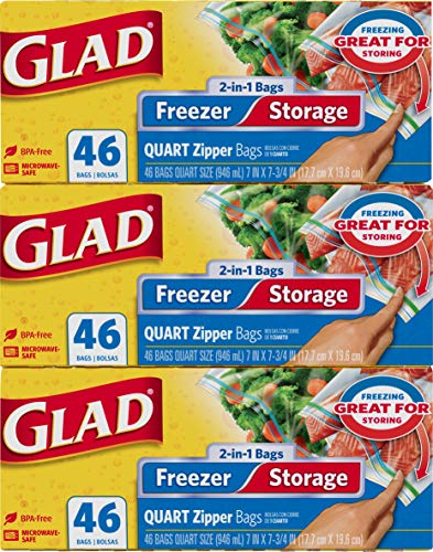 Book Cover Glad Food Storage and Freezer 2 in 1 Zipper Bags - Quart Size - 46 Count Each (Pack of 3) (Package May Vary), Gray