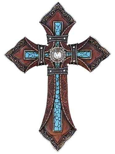 Book Cover Tooled Leather Look Wall Cross - Faux Turquoise with Center Rhinestone
