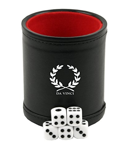 Book Cover DA VINCI Professional Dice Cups with 5 Dice. Black Leatherette Exterior with Velvet Interior (Red-Felt)