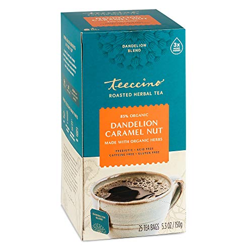 Book Cover Teeccino Dandelion Caramel Nut Tea - Caffeine Free, Roasted Herbal Tea with Prebiotics, 3x More Herbs than Regular Tea Bags, Gluten Free - 25 Tea Bags