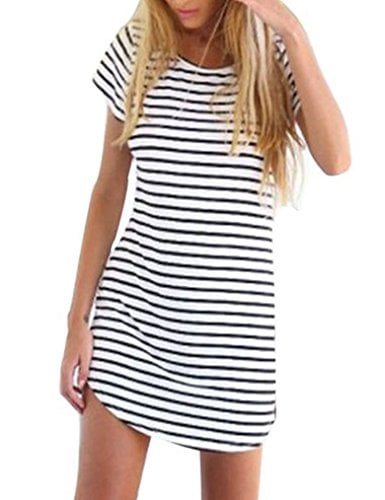 Book Cover OURS Women's Crew Neck Short Sleeve Striped Loose T-Shirt Mini Dress