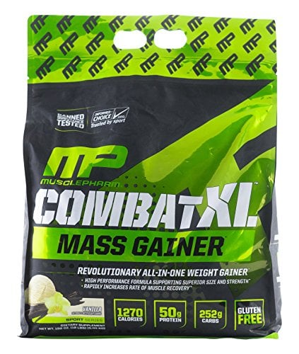 Book Cover MusclePharm Combat XL Mass-Gainer Powder, Weight Gainer Protein Powder, 1270 Calories per Serving, 50 Grams of Protein, MCTS Flax and Chia Seeds, Vanilla, 12-Pounds
