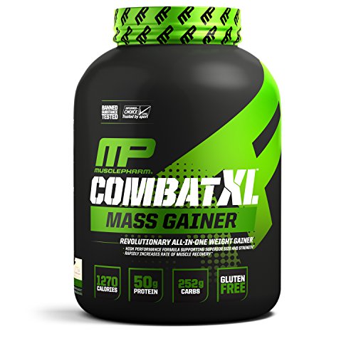 Book Cover MusclePharm Combat XL Mass-Gainer Powder, Weight Gainer Protein Powder, 1270 Calories per Serving, 50 Grams of Protein, MCTS Flax and Chia Seeds, Vanilla, 6-Pounds
