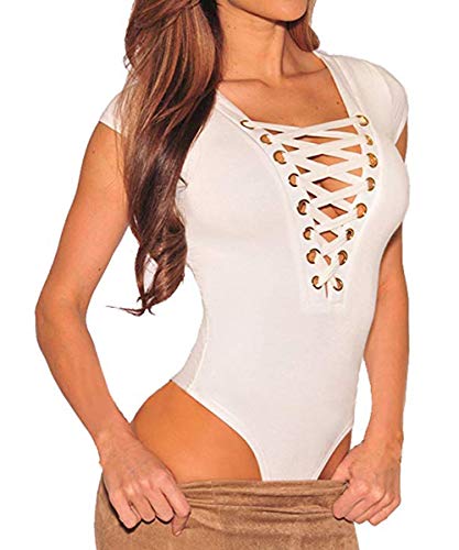 Book Cover Shawhuwa Womens Sexy Lace up Cap Sleeves Bodysuit Clubwear Tops