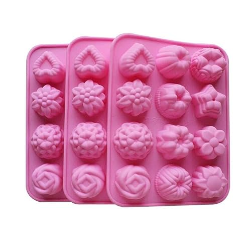 Book Cover BAKER DEPOT Silicone Bakeware Mold For cake chocolate Jelly Pudding Dessert Molds 12 Holes With Flower Heart Shape Set of 3