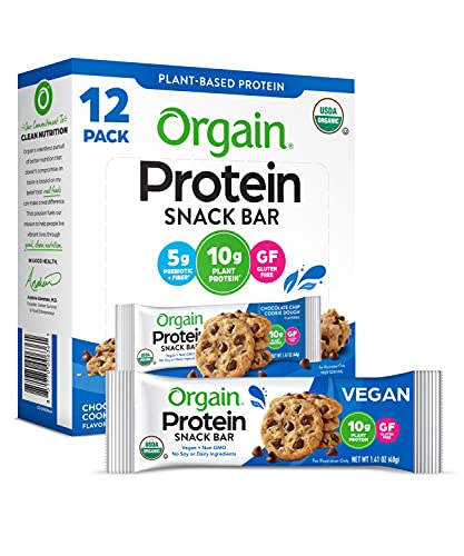Book Cover Orgain Organic Plant Based Protein Bar, Chocolate Chip Cookie Dough - 10g of Protein, Vegan, Gluten Free, Non Dairy, Soy Free, Lactose Free, Kosher, Non-GMO, 1.41 Ounce, 12 Count (Packaging May Vary)
