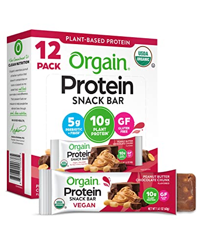 Book Cover Orgain Organic Vegan Protein Bars, Peanut Butter Chocolate Chunk - 10g Plant Based Protein, Gluten Free Snack Bar, Low Sugar, Dairy Free, Soy Free, Lactose Free, Non GMO, 1.41 Oz (12 Count)