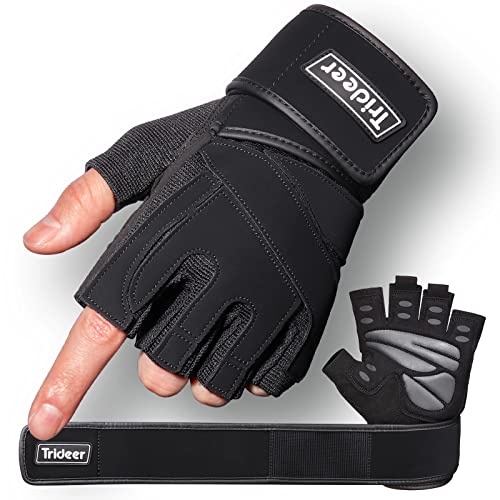 Book Cover Trideer Padded Workout Gloves for Men - Gym Weight Lifting Gloves with Wrist Wrap Support, Full Palm Protection & Extra Grips for Weightlifting, Exercise, Cross Training, Fitness, Pull-up