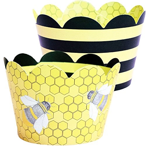 Book Cover Bumble Bee Cupcake Wrappers - 36 Reversible | Yellow and Black Stripe Girl Baby Shower Decoration, Honey Bee Hive Cup Cake Holder, What Will it Be Gender Reveal Party Supplies, Confetti Couture