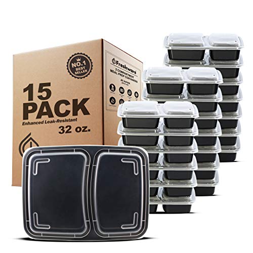 Book Cover Freshware Meal Prep Containers [15 Pack] 2 Compartment with Lids, Food Storage Containers, Bento Box | BPA Free | Stackable | Plastic Containers, Microwave/Dishwasher/Freezer Safe (25 oz)
