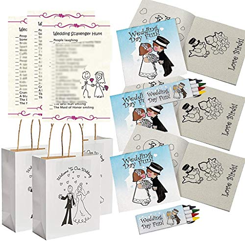 Book Cover Wedding Activities for Kids - Individually Packaged Wedding Coloring Books and Crayons (12), Wedding Favor Bags (12) and Wedding Scavenger Hunt Sheets (25)