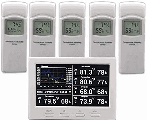 Book Cover Ambient Weather WS-3000-X5 Thermo-Hygrometer Wireless Monitor w/ 5 Remote Sensors - Logging, Graphing, Alarming, Radio Controlled Clock