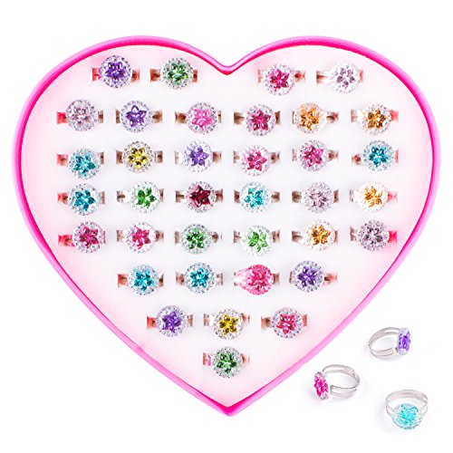 Book Cover Colorful Assorted Gem Star Rhinestone Adjustable Rings with Heart Shape Display Case for Party Favors, Bridal Shower, Birthday, Adult & Children Size (36 Pack) by Super Z Outlet