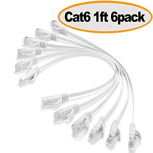 Book Cover Cat 6 Ethernet Cable 1 ft - Flat Solid Internet Network Cable- Short Durable Computer netwokr Cord - Cat6 High Speed RJ45 Patch LAN Wire for Modem, Router, Switch, Server, ADSL, 1 Feet White, 6 Pack