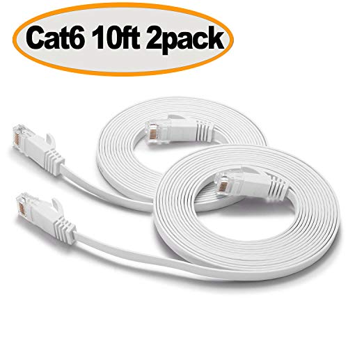 Book Cover Cat 6 Ethernet Cable 10 ft - Flat Internet Network LAN Patch Cord Short - Faster Than CAT5E/Cat5, Slim Cat6 High Speed Computer wire with Snagless RJ45 Connectors for Router, PS4, Xobx- White (2 Pack)